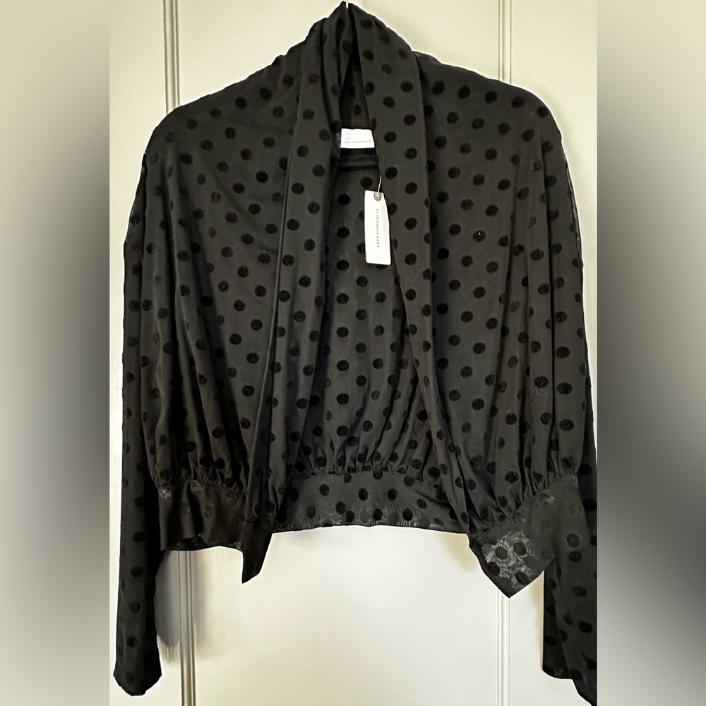 Ett:twa by Anthropologie, cropped black jacket with flocked polka dots, XS